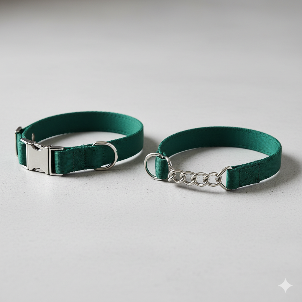 A comparison of a flat collar and a martingale collar side-by-side