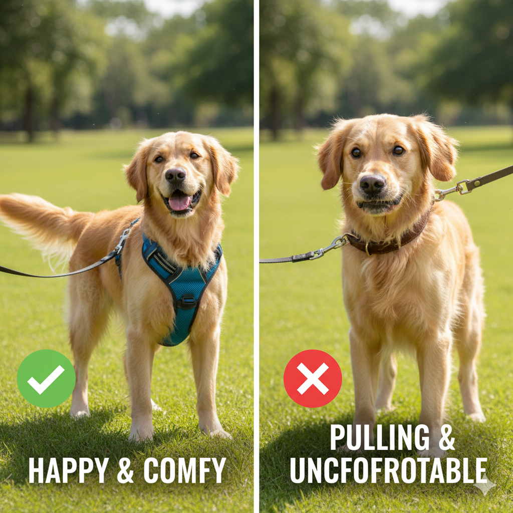 A happy dog wearing a harness on one side and a collar on the other