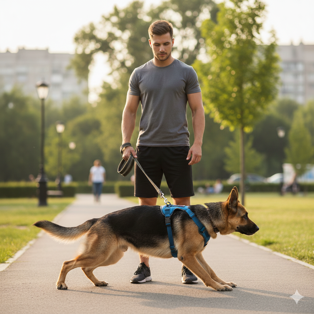 A person easily managing a large German Shepherd that is trying to pull by using a front-clip harness