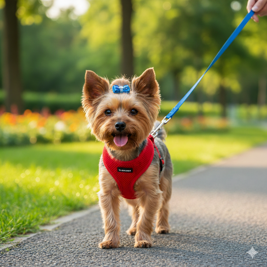 A small Yorkshire Terrier wearing a comfortable mesh harness on a walk
