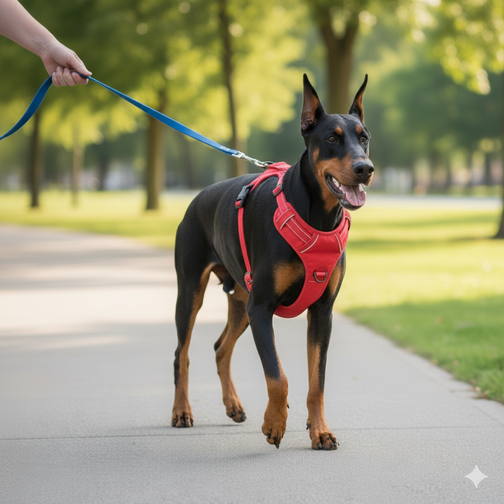 A dog pulling on a front-clip harness and being gently turned to the side
