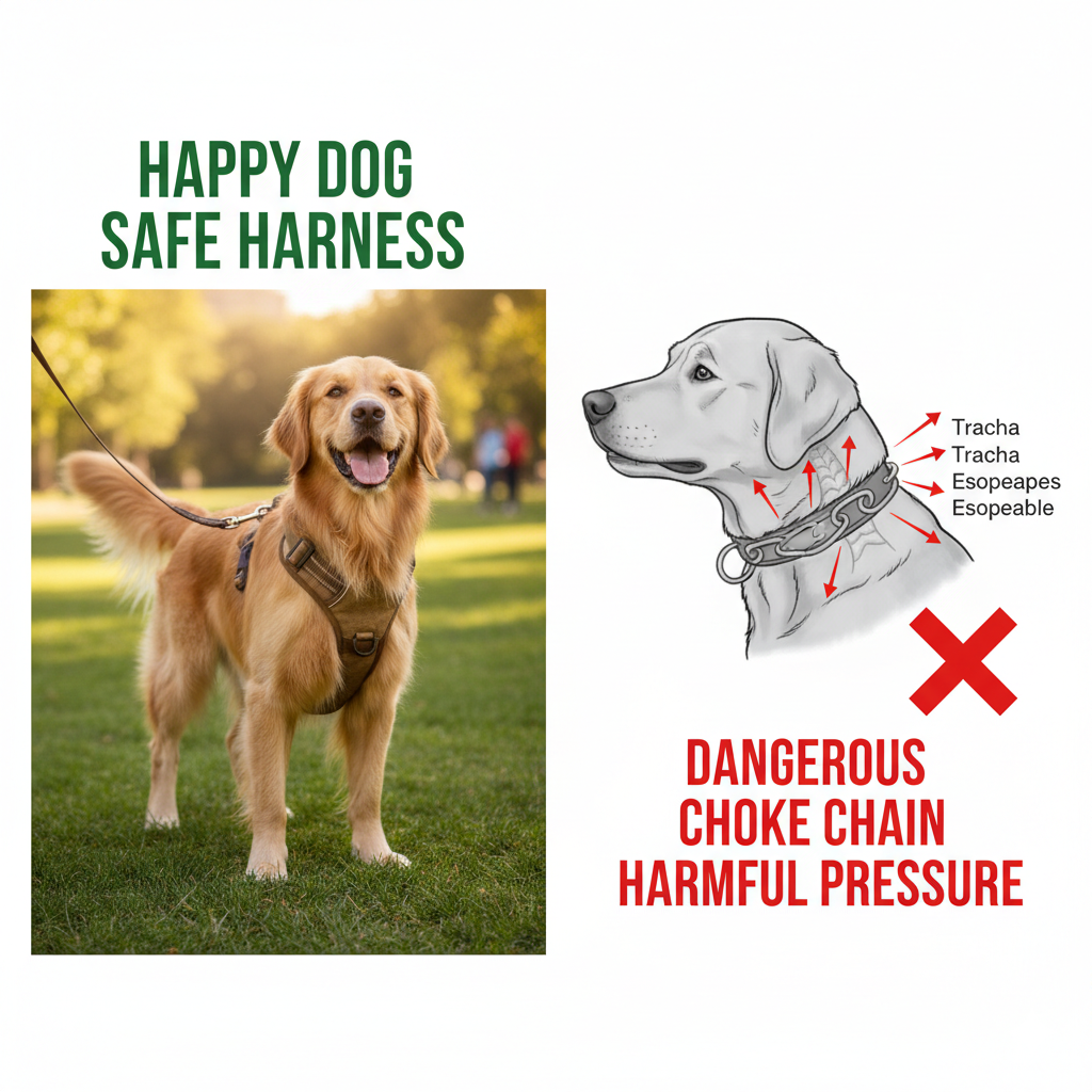 A happy dog in a harness on one side and a diagram of a dangerous choke chain on the other