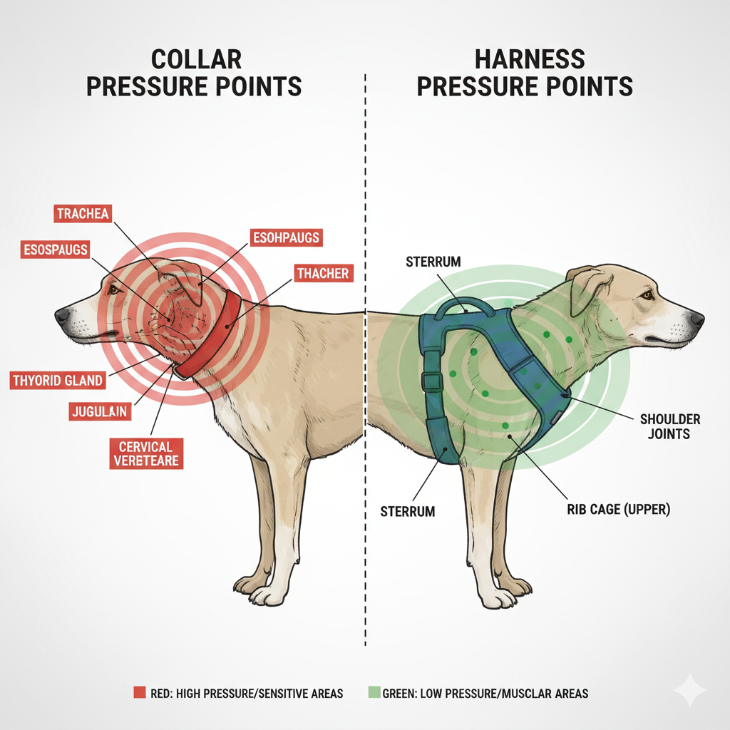 A visual comparison of pressure points from a collar versus a harness on a dog's body