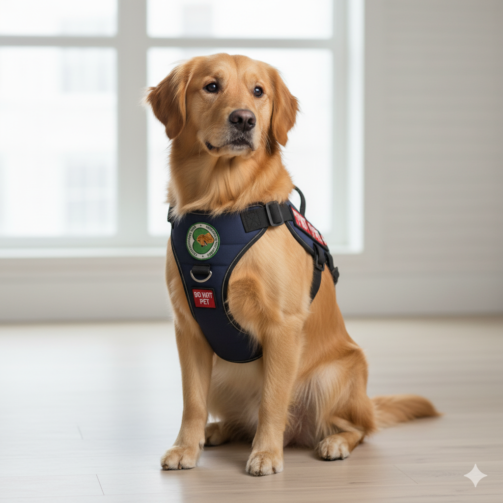 A therapy dog harness with multiple patches, including the organization's logo and "DO NOT PET" signs