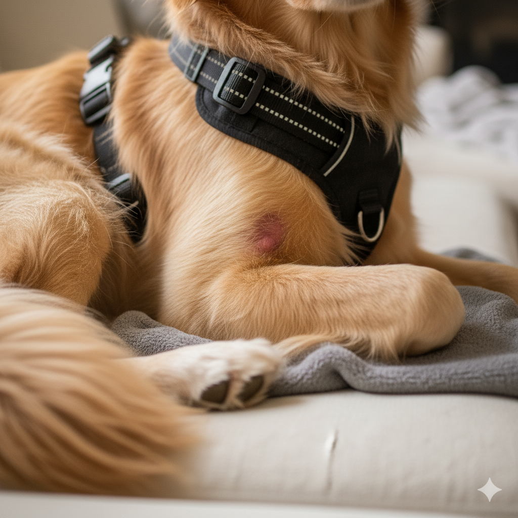 A close-up view showing chafing and redness under a dog's arm from a harness strap