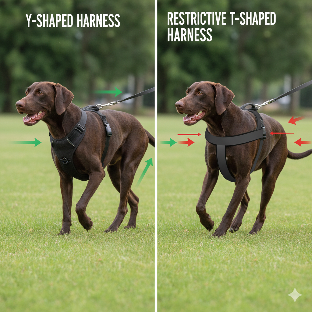 Image comparing a dog's gait in a Y-shaped harness versus a restrictive T-shaped harness.