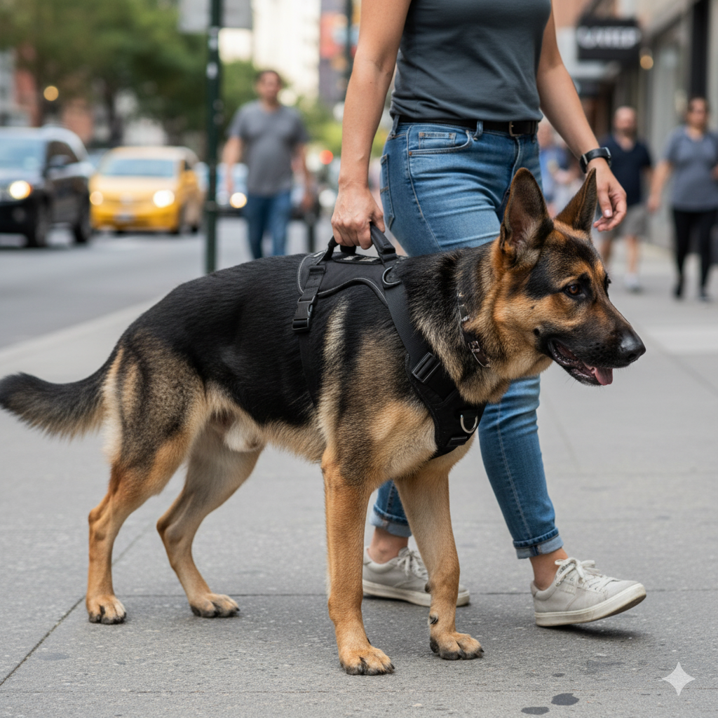 Owner using a traffic handle on a harness to guide their dog