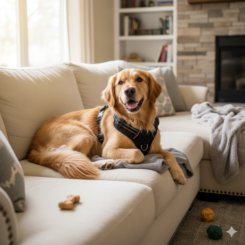 A dog happily resting on a couch without a harness on