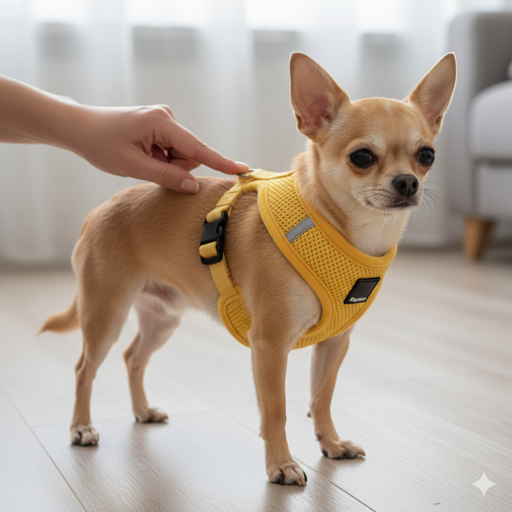 A hand demonstrating the two-finger test on a small dog's back in a harness