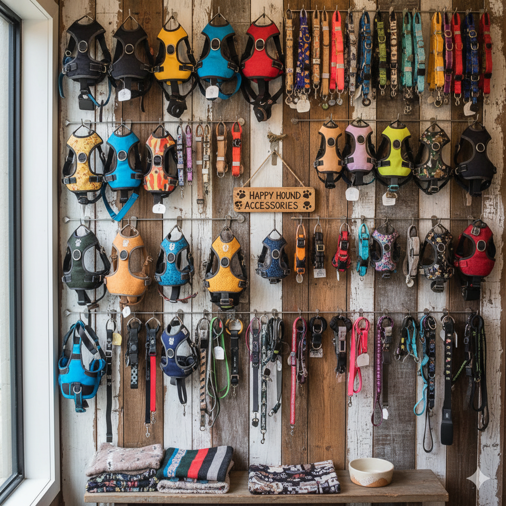 A wide variety of dog collars and harnesses hanging on a wall