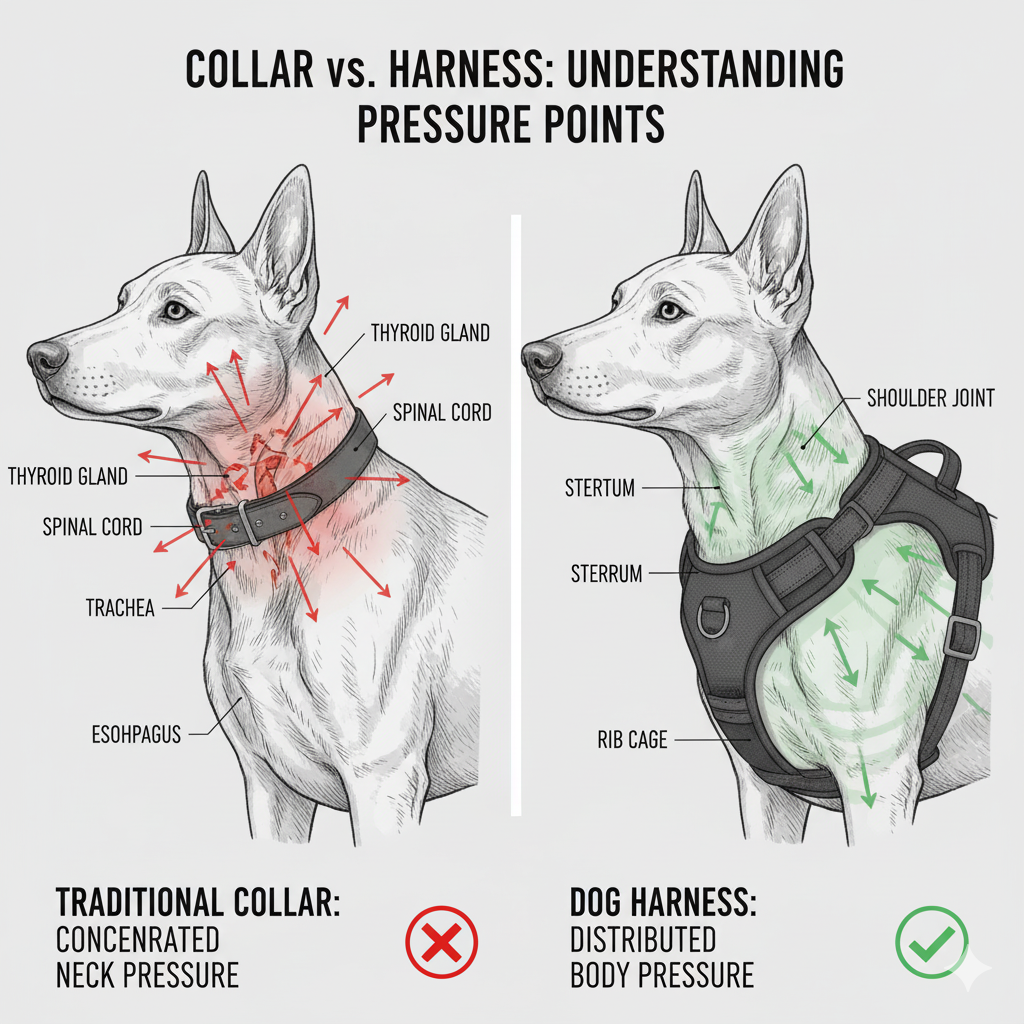 An anatomical diagram showing pressure points from a collar vs a harness