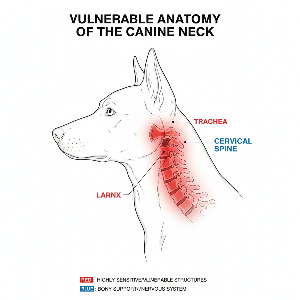 An anatomical diagram highlighting the vulnerable trachea and spine in a dog's neck