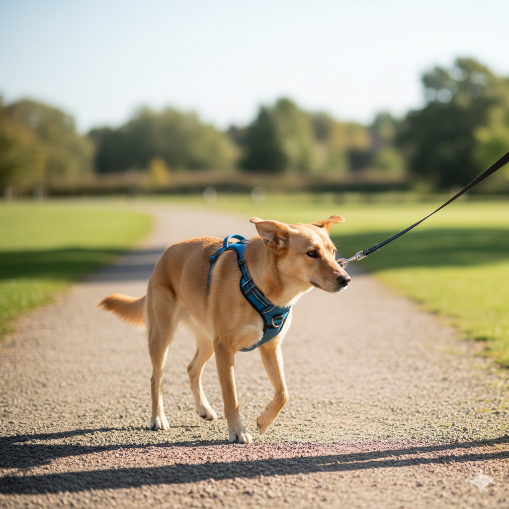 A dog pulling on a front-clip harness, being gently turned back towards the owner
