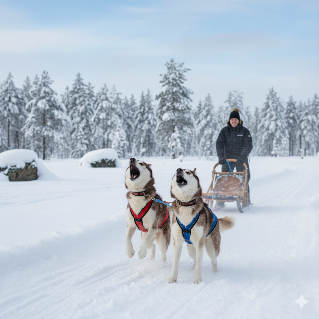 A team of excited sled dogs barking and jumping, eager to start running in the snow