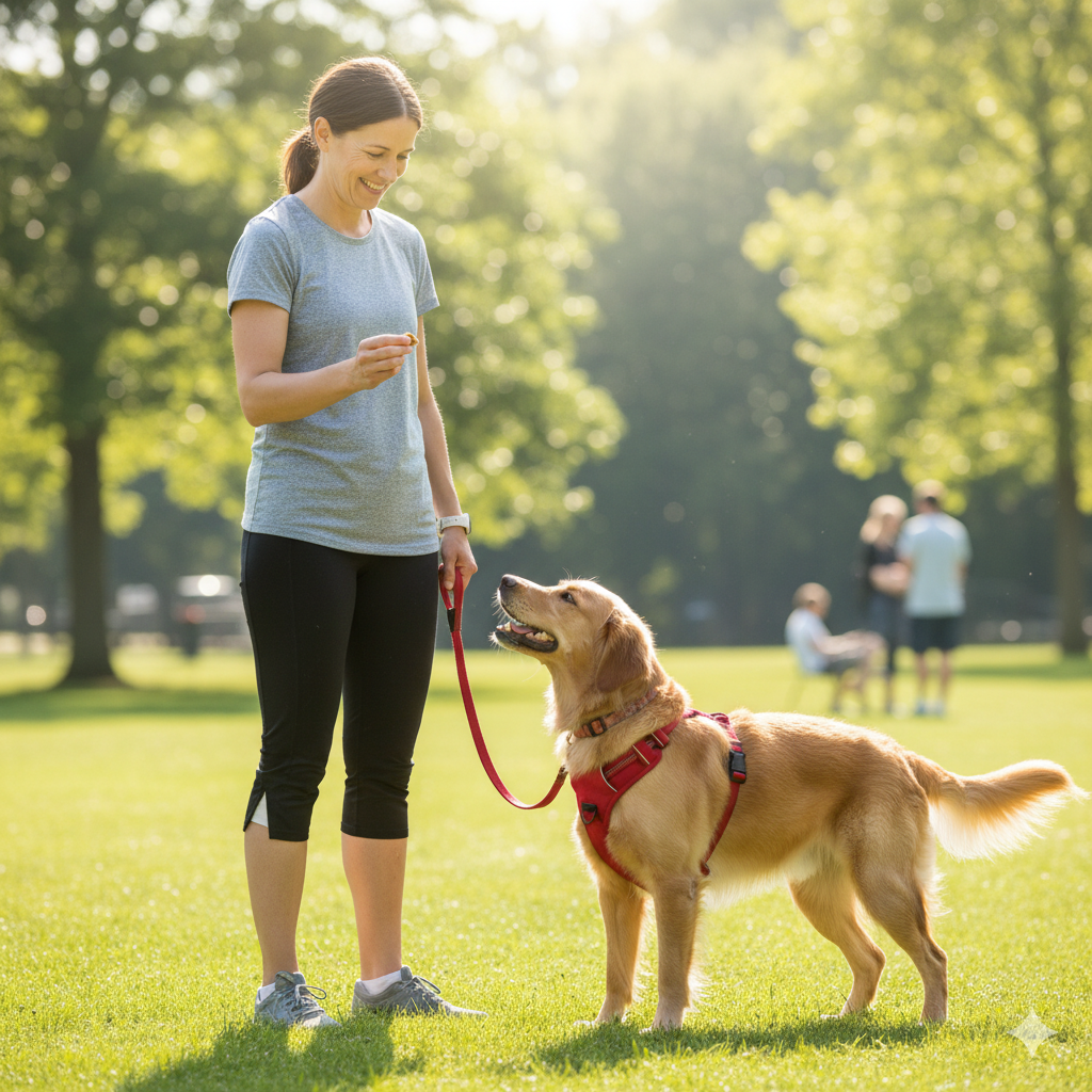 A person and their dog in a positive training session using a front-clip harness