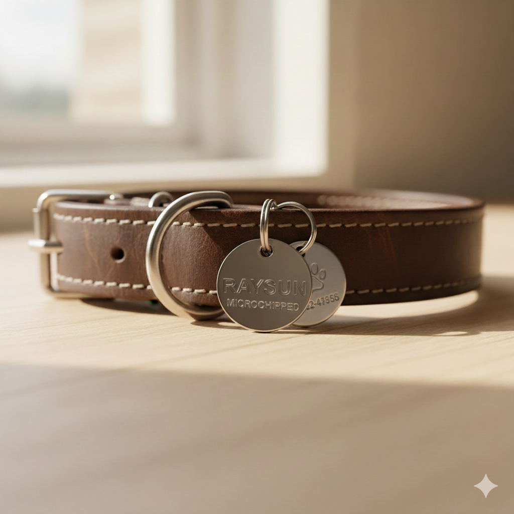 A close-up of a dog's collar showing clearly engraved ID tags