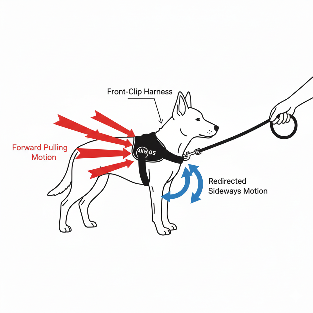 Diagram showing how a front-clip harness redirects a dog's forward pulling motion