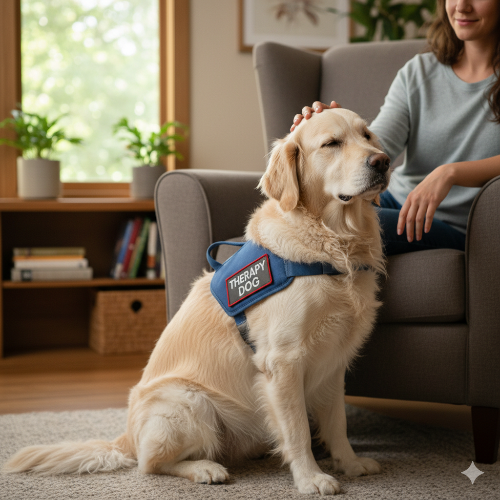 A calm Golden Retriever wearing a vest harness with a "THERAPY DOG" patch sitting next to a person in a chair