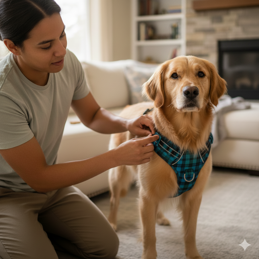 A dog owner carefully checking under the harness straps on their dog for any signs of irritation