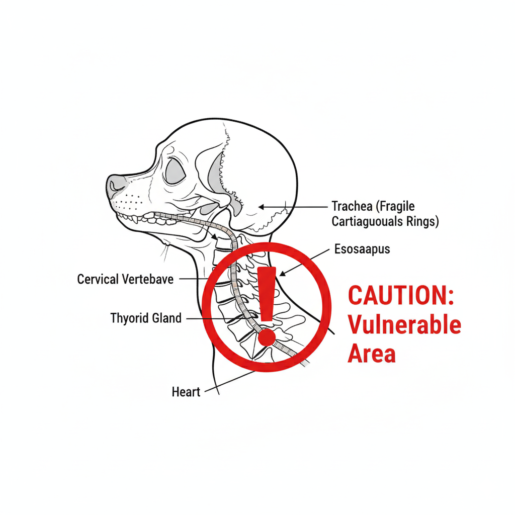 A diagram showing the fragile trachea of a small dog with a red warning symbol over the neck area