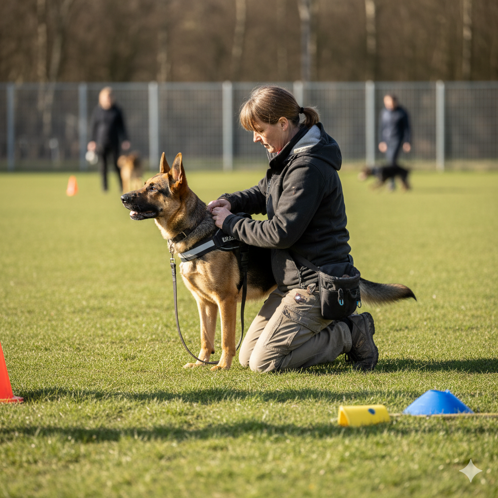 A dog trainer fitting a harness on an attentive German Shepherd during a training session