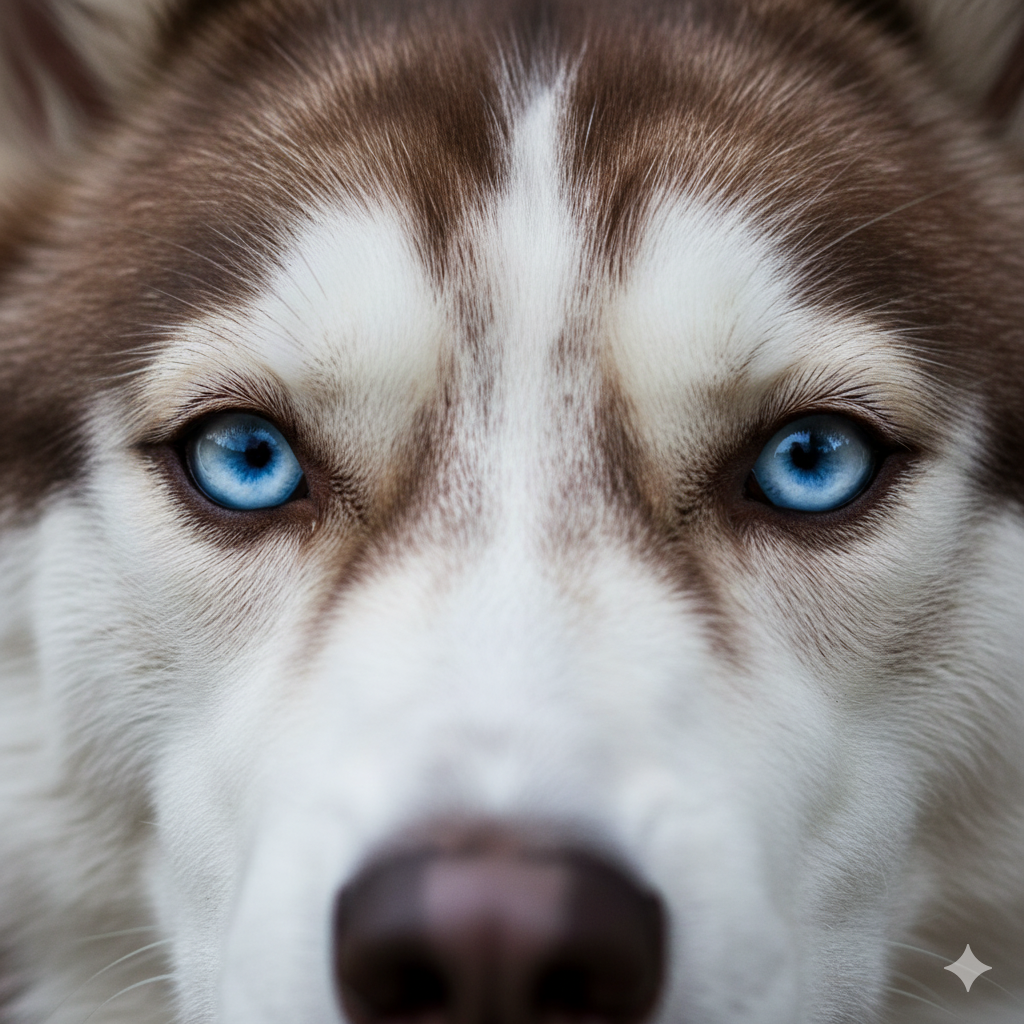 A close-up of a Siberian Husky's bright blue eyes, showing intense focus