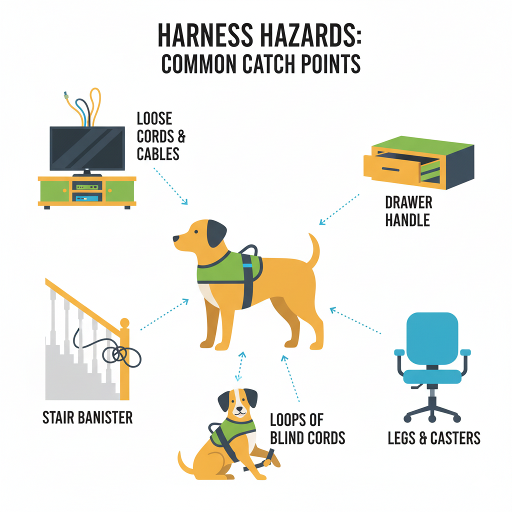 A diagram showing common household items a harness can get caught on