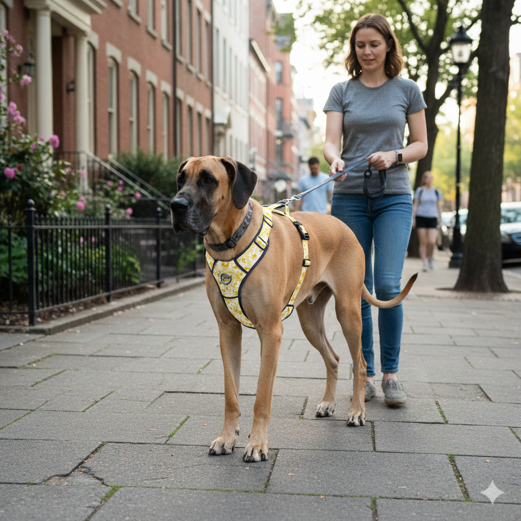 A large Great Dane walking calmly on a sidewalk in a well-fitting harness