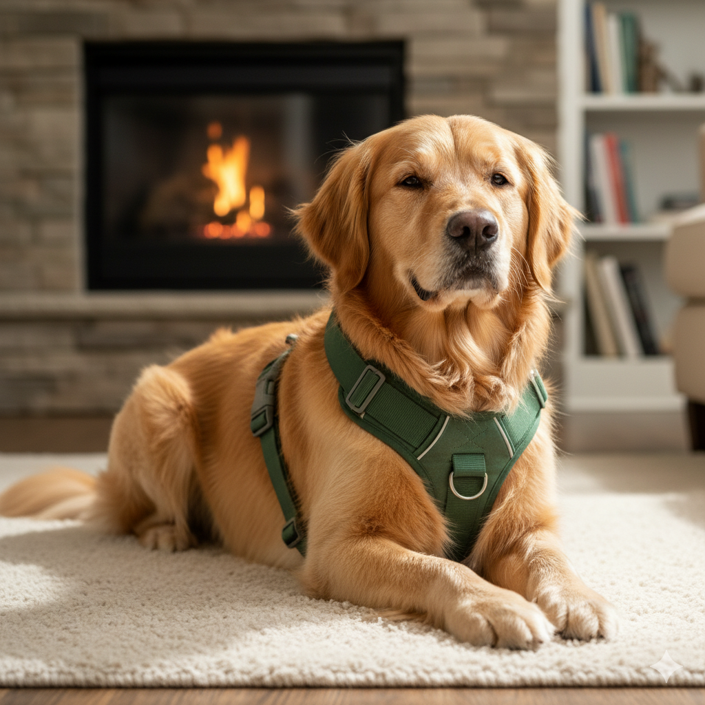 A comfortable harness with wide straps shown on a relaxed dog