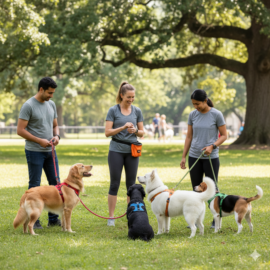 A modern dog trainer working with a group class where all dogs are in harnesses