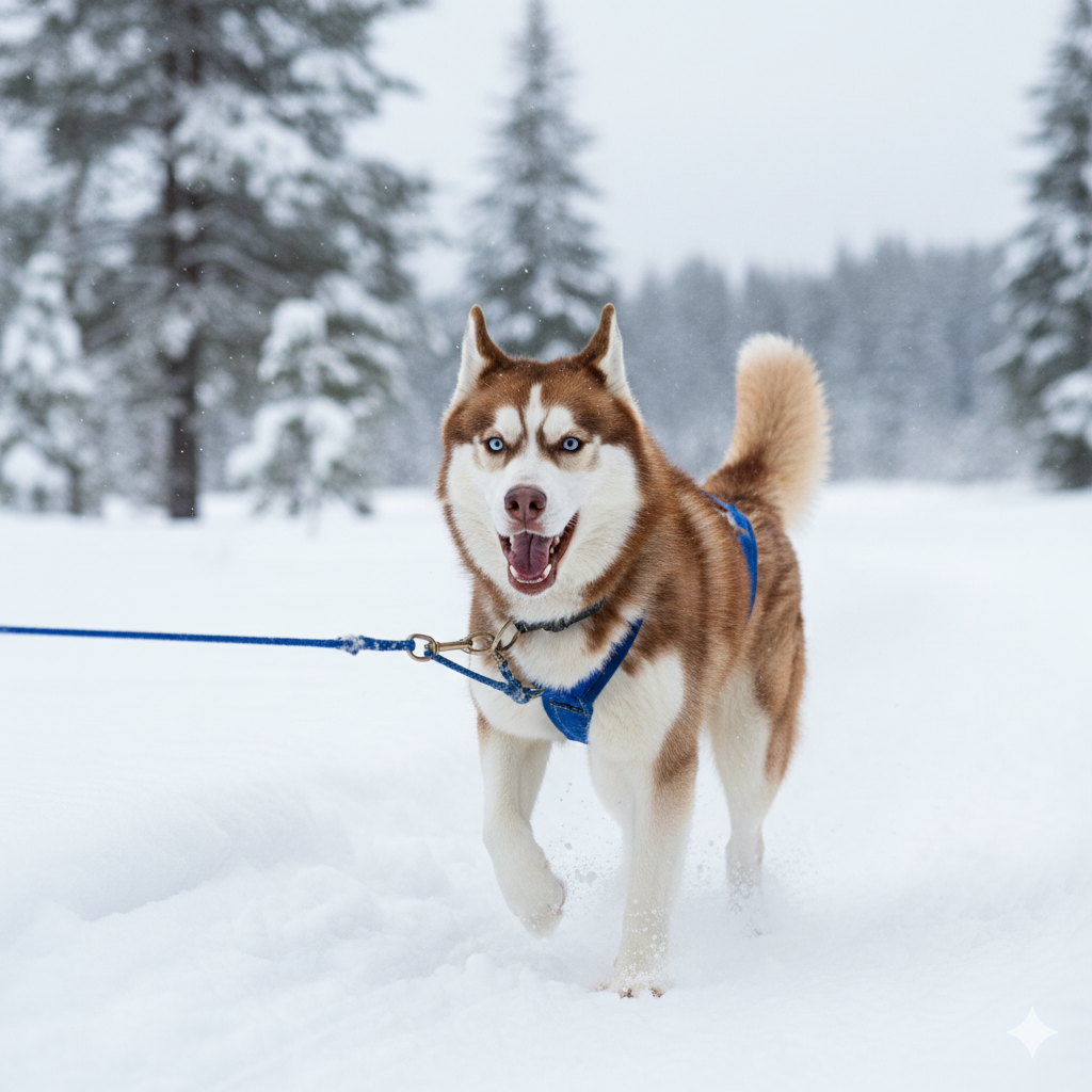A single sled dog straining joyfully into its harness against a snowy backdrop