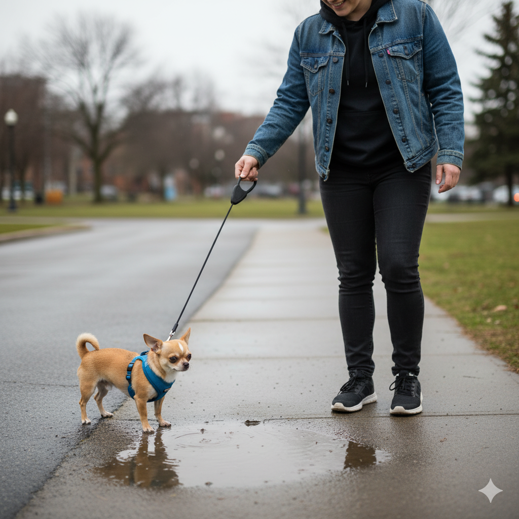 A person easily guiding a small dog away from a puddle using a harness