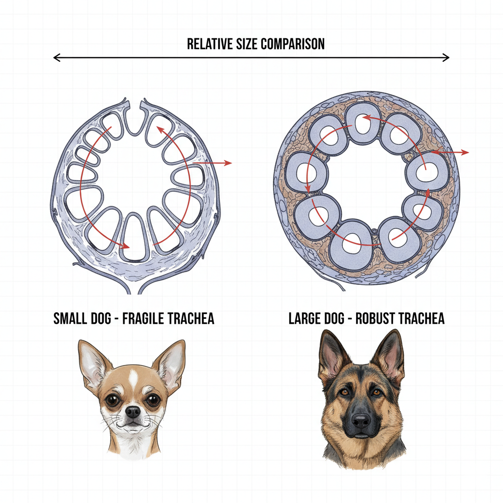 A diagram comparing the fragile trachea of a small dog to the more robust one of a large dog