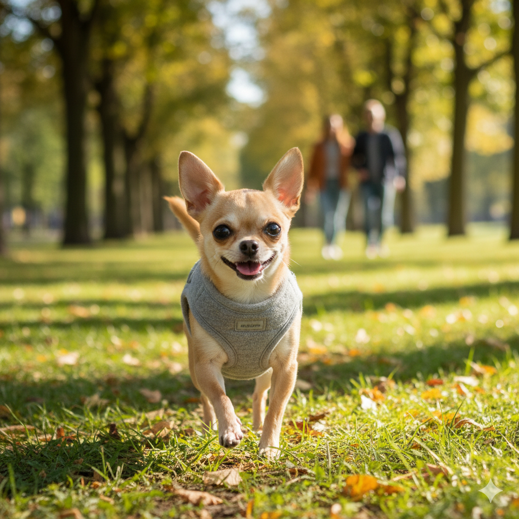 A happy small dog like a Chihuahua wearing a comfortable vest-style harness