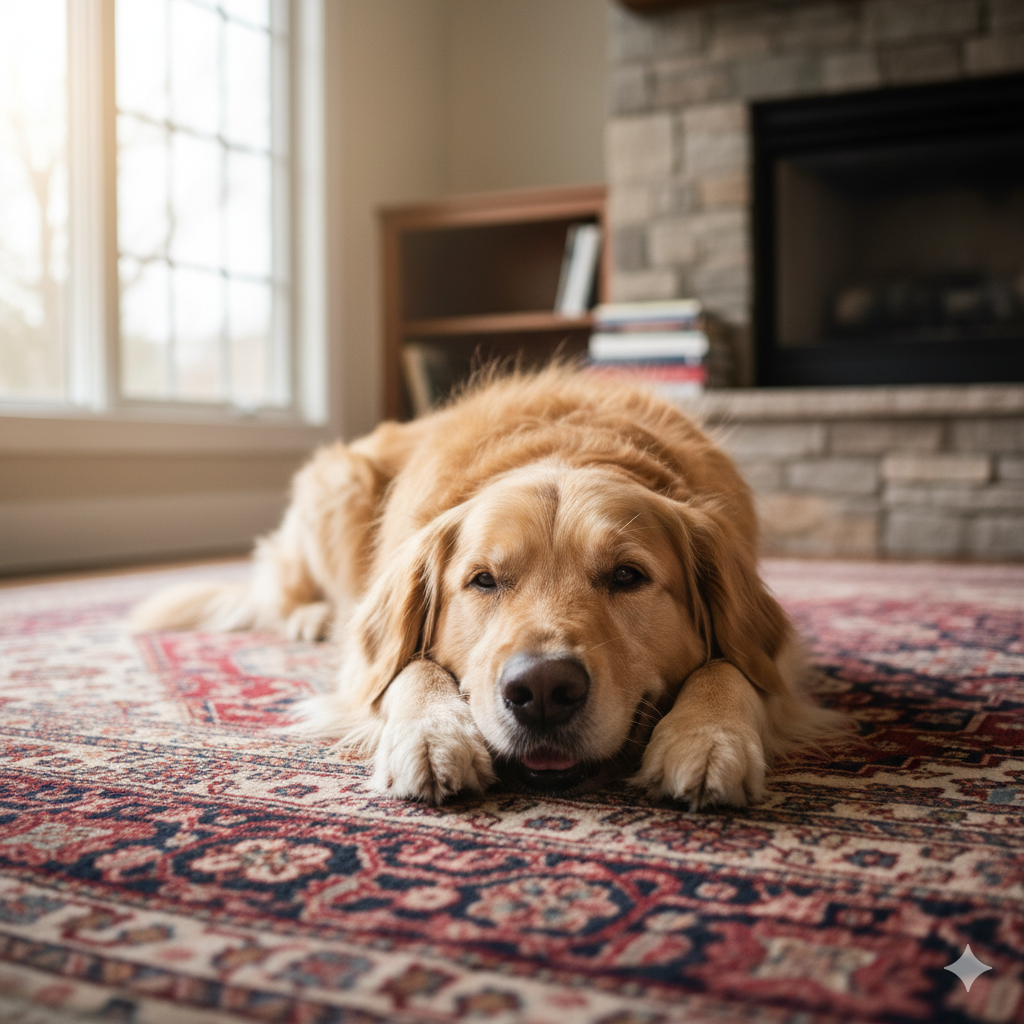 A happy dog resting on a rug without its harness on.