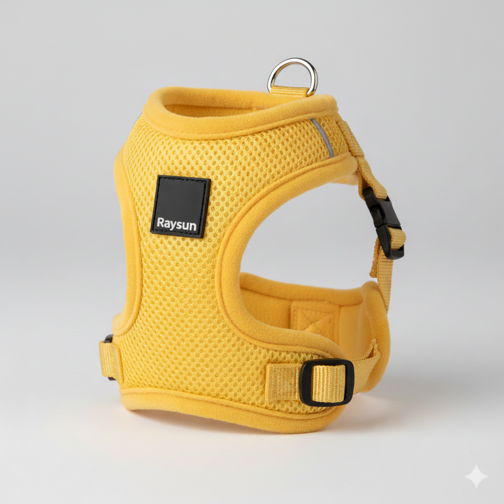 A detailed close-up of a high-quality small dog harness showing soft mesh fabric and padded trim