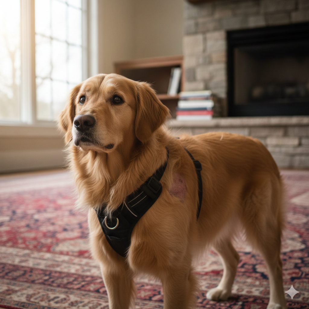 A dog looking uncertainly at its owner, wearing a harness indoors.