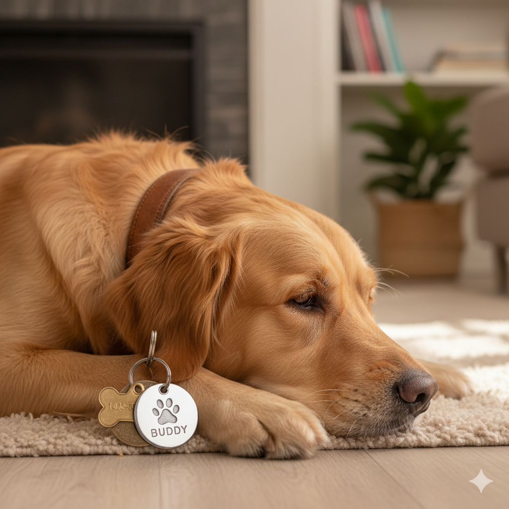 A golden retriever relaxing at home with a collar and clearly visible ID tags