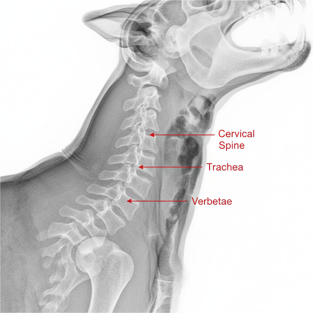 An X-ray view of a dog's neck showing the delicate trachea and spine