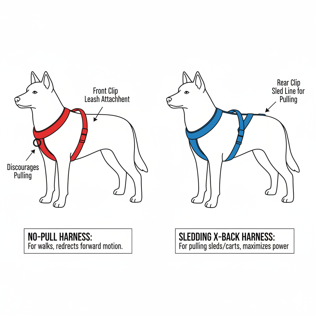 A diagram comparing a no-pull harness with a sledding X-back harness