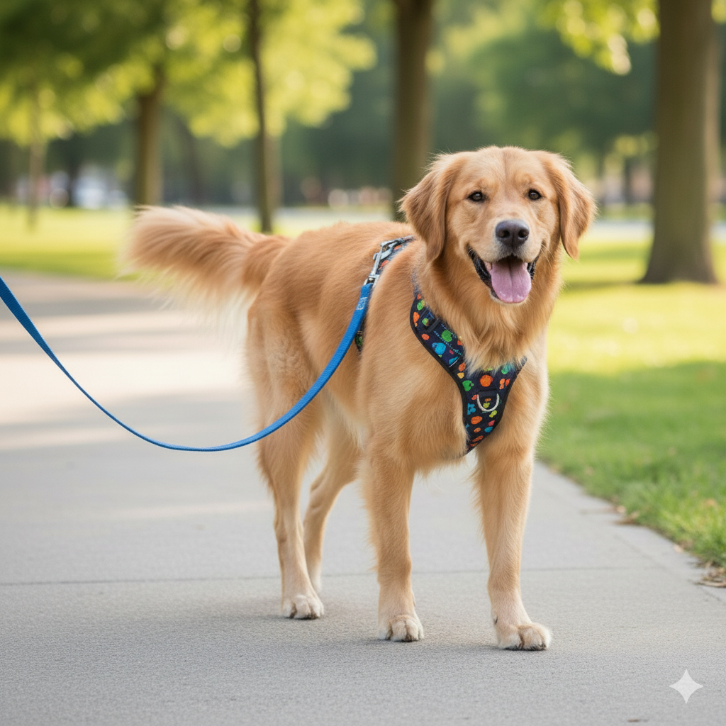 A happy dog walking calmly in a comfortable back-clip vest harness