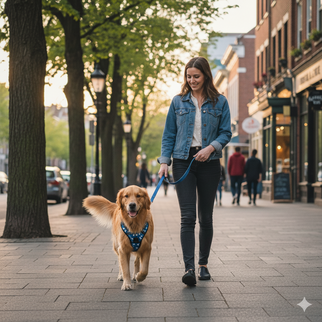 A well-behaved dog walking calmly on a harness next to its owner