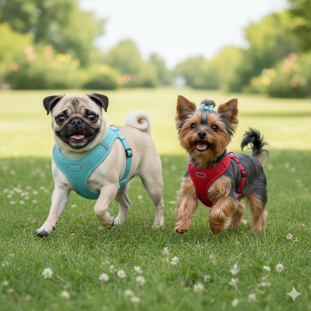 An illustration showing high-risk dog breeds like a Pug and a Yorkshire Terrier
