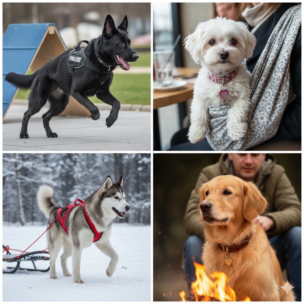 A collage of dogs doing different activities with specialized gear
