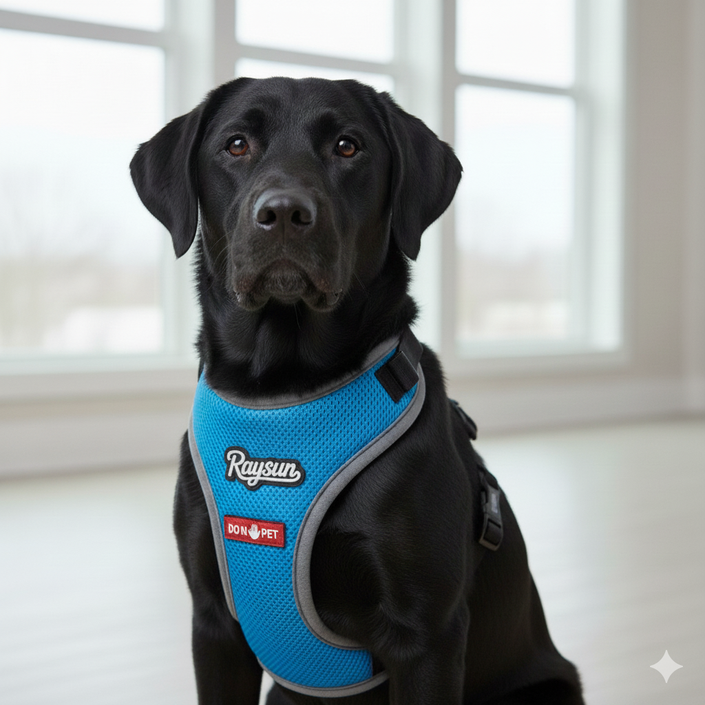 A close-up of a lightweight, breathable mesh therapy dog harness with soft padding around the edges
