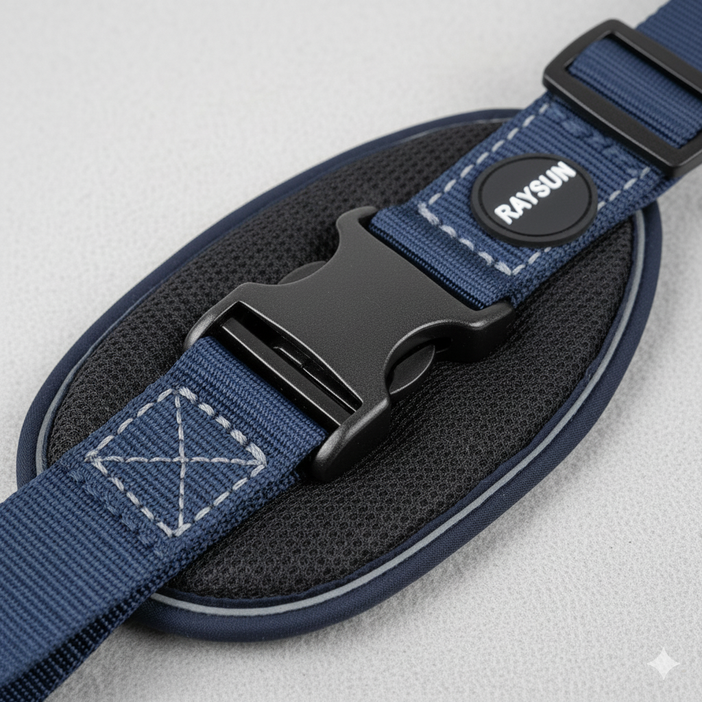 Close-up shot of high-quality harness features: reinforced stitching, padded lining, durable buckle.