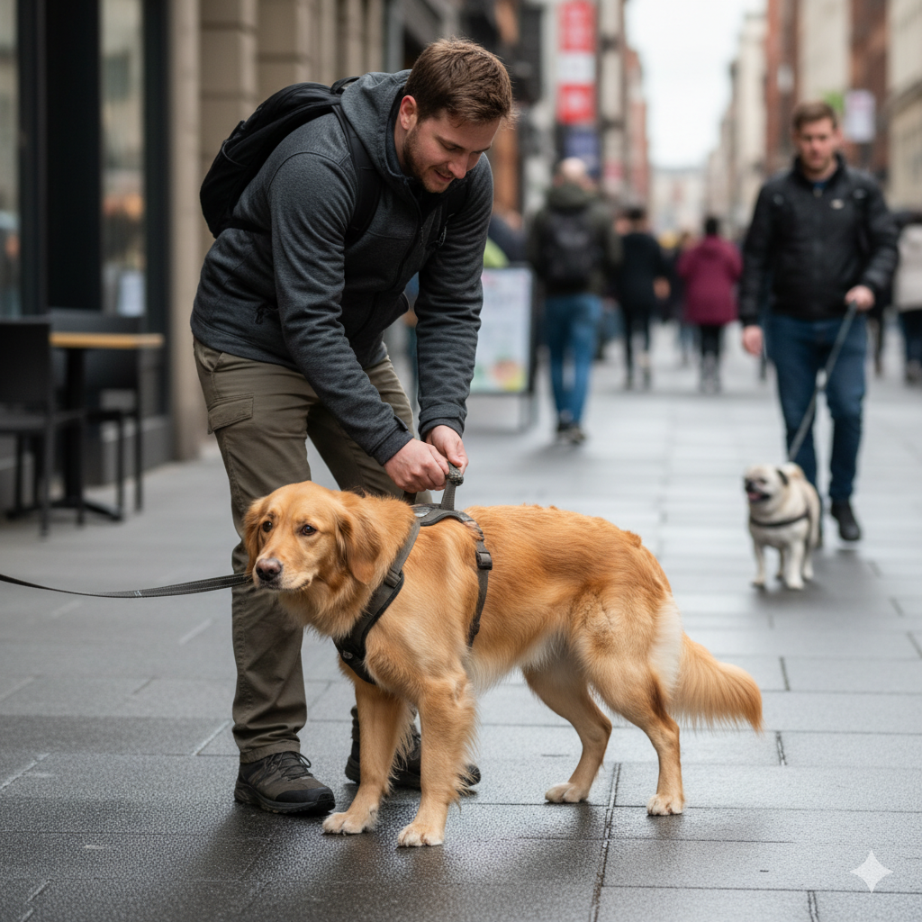 A person using a harness with a handle to guide their nervous dog away from a trigger