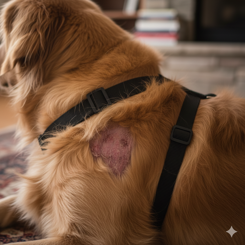 A close-up image showing matted fur or skin irritation under a harness strap area.
