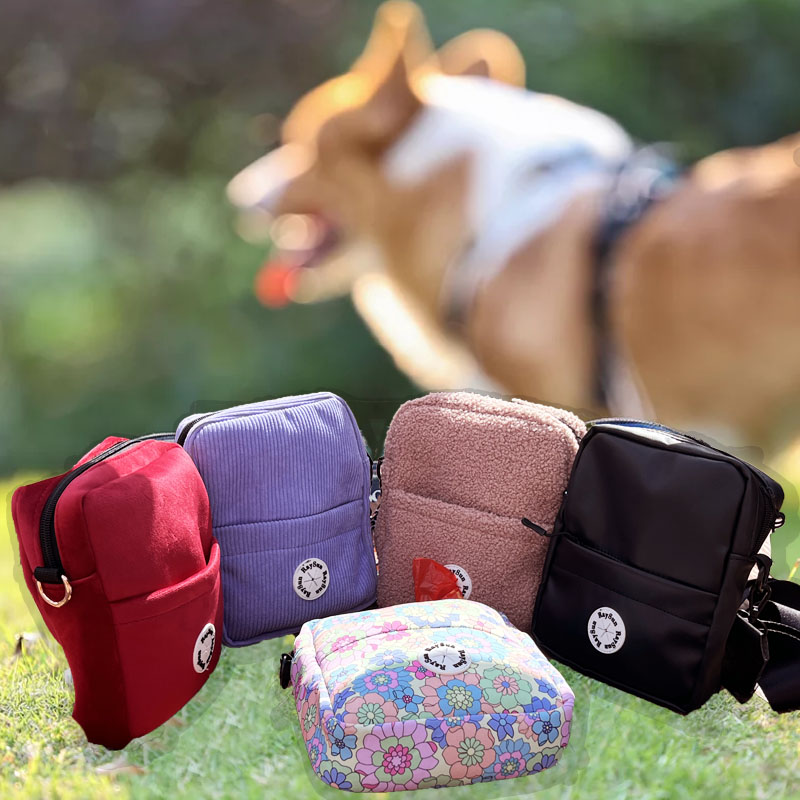 A dog walking bag with reflective piping and logos glowing in the dark