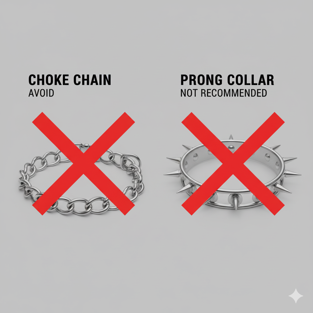 An image showing a choke chain and a prong collar with a large red X over them.